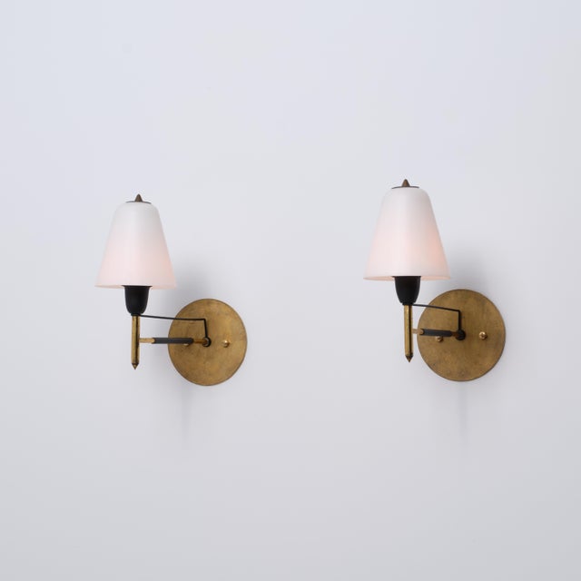 Italian Brass and Opaline Glass Wall Sconces, 1950s, Set of 2 For Sale - Image 11 of 13
