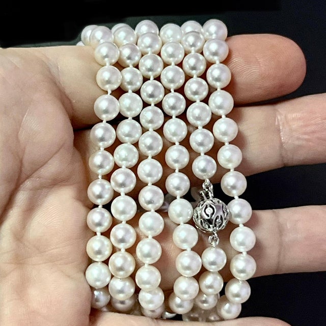 Natural Akoya Pearl Diamond Necklace 49" 18k White Gold 7 mm Certified For Sale - Image 4 of 13