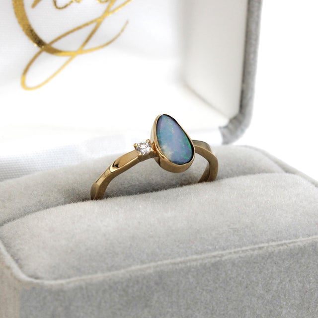 Blue Australian Boulder Opal Ring With a Diamond Accent in Solid 14k Yellow Gold, Size 6.75 For Sale - Image 8 of 9