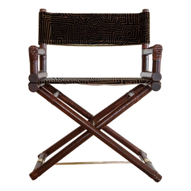 1970s McGuire Director’s X-Chair in Geometric Velvet Jacquard For Sale
