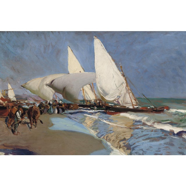 1908 Vintage Valencia Beach Sailboat Art Print by Joaquín Sorolla - 36" X 24" For Sale