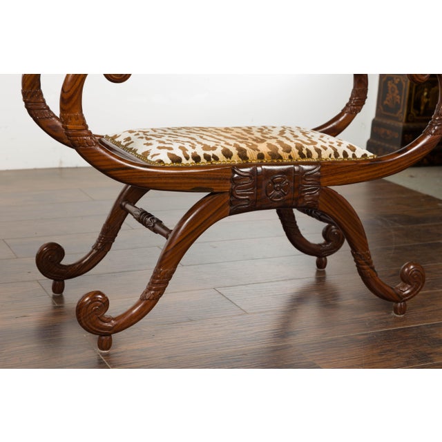 English Pair of English Regency Carved Mahogany 19th Century Stools with Scrolling Arms For Sale - Image 3 of 12