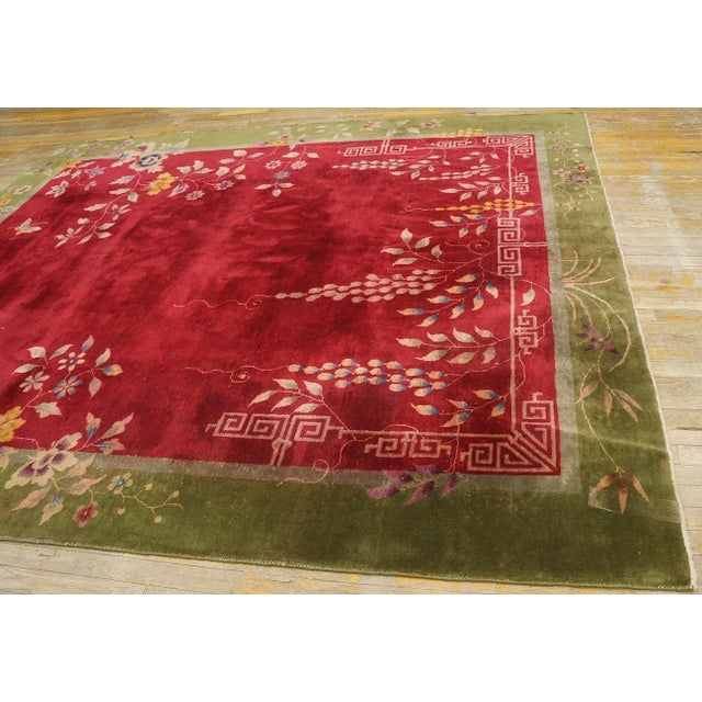 Magistral Red Rust Background and Green Border Color With Floral Design Antique Chinese Art Deco Rug For Sale - Image 11 of 12