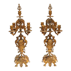 19thc French Grand Louis XVI Highly Detailed Gilt/ Gold Spelter Candle Holders / Candelabra a - Pair