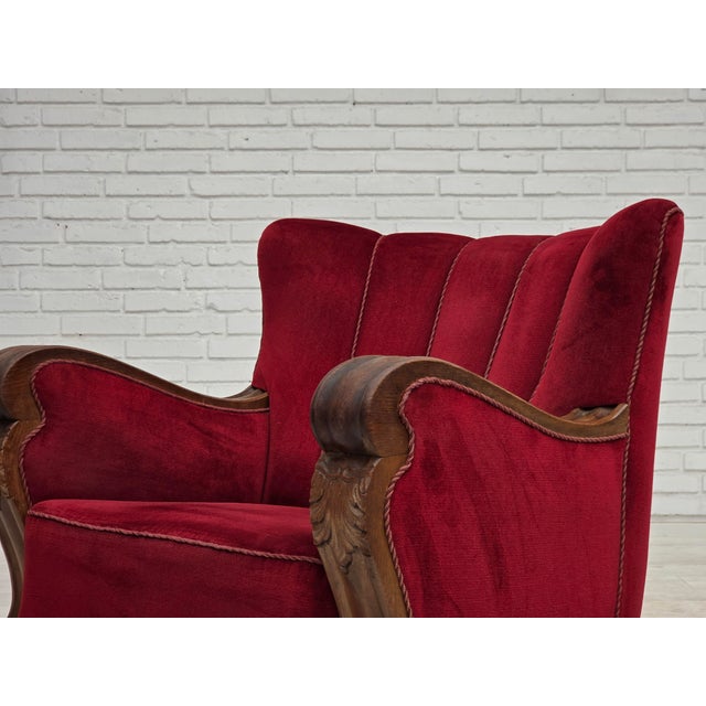 Danish Relax Armchair in Furniture Velour and Carved Oak Wood, 1950s For Sale - Image 16 of 18