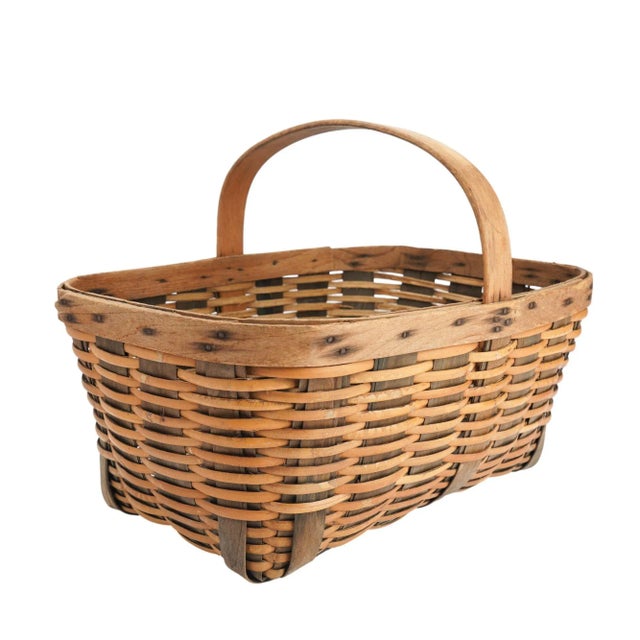 Brown Vintage Hand Woven Fixed Handle Basket, 1900's For Sale - Image 8 of 10
