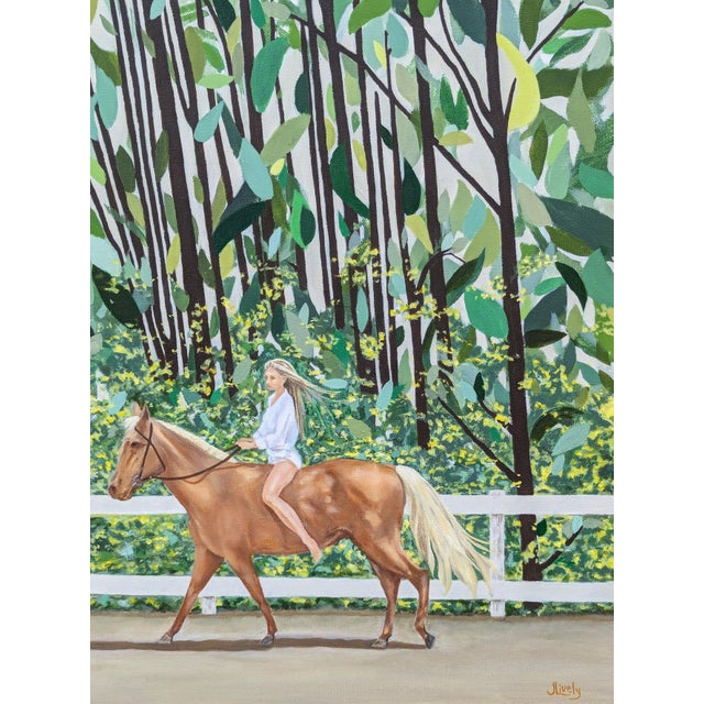 Textile Jennifer Lively “Forest Ride” Contemporary Horse Riding Figure Through Green Foliage, 2022 For Sale - Image 7 of 11