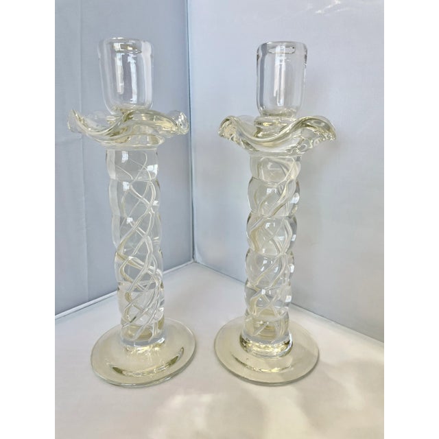 Transparent Murano Clear Crystal Glass Air Twist Stem Candlestick Holders - a Pair For Sale - Image 8 of 8
