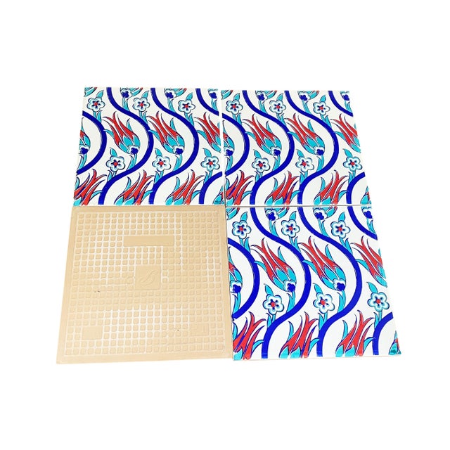 Turkish Iznik Red Tulip & Blue Floral Pattern Ceramic Tiles For Sale - Image 4 of 6