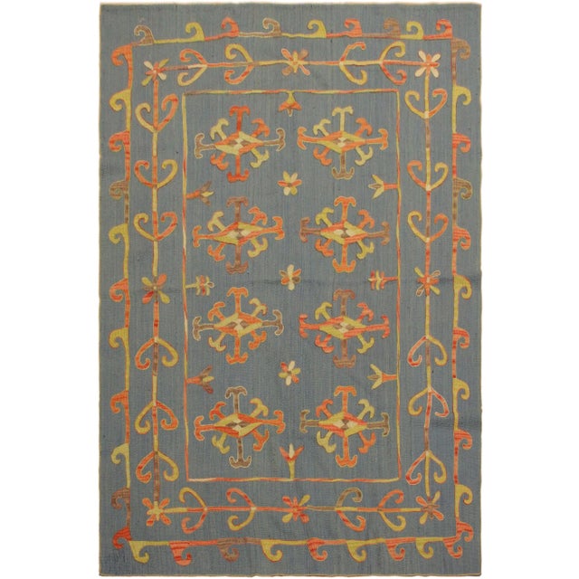 Sky Blue 1990s Shabby Chic Embroidered Ikat Kilim Blue Wool Rug- 5′11″ × 8′ For Sale - Image 8 of 8