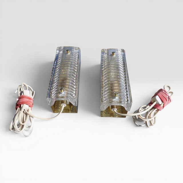 Textured Ice Glass and Brass Wall Sconces, 1970s, Set of 2 For Sale - Image 4 of 7