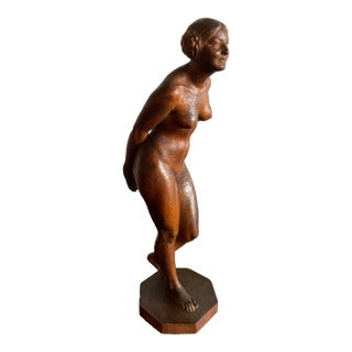 1910s Eugene Wagner Art Deco Standing Nude Carved Wood Sculpture For Sale