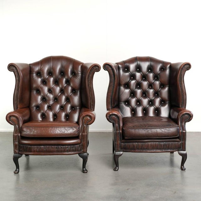 English Chesterfield Cowhide Wing Armchairs, Set of 2 For Sale - Image 12 of 12