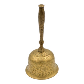 Vintage Solid Brass Hand-Etched Floral Motifs MCM Desk Dinner Bell Decor For Sale