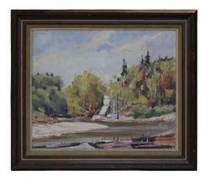 Impressionist Summer River Landscape with Boats Mid Century Oil Painting