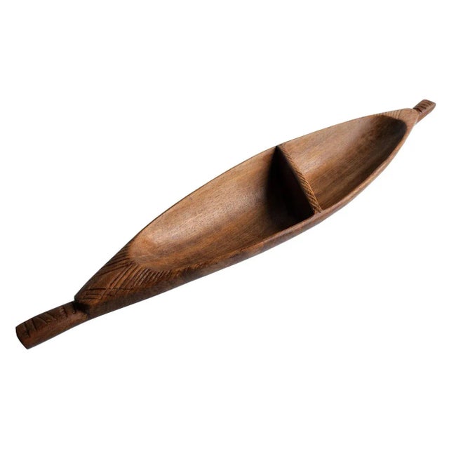 1970s Vintage Tropical Hardwood Canoe Shaped Partitioned Snack Bowl For Sale - Image 5 of 10