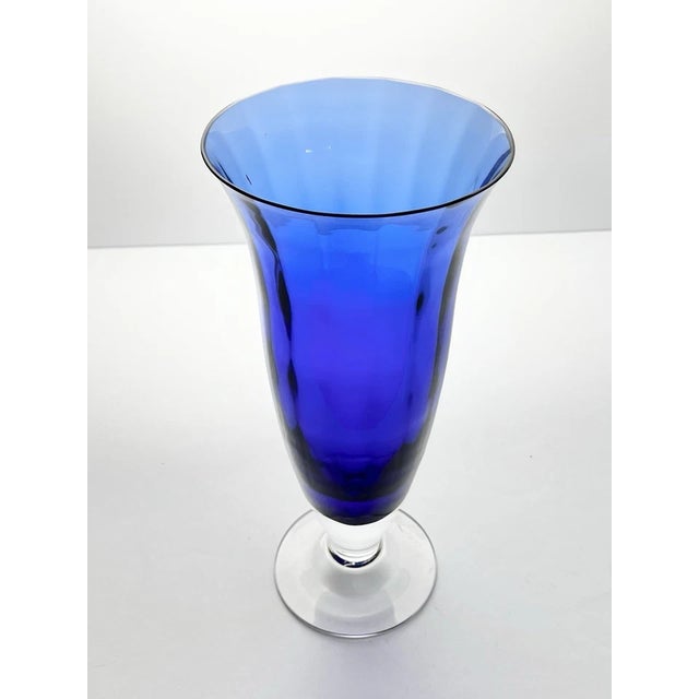 Contemporary Large Optic Footed Trumpet Flared Cobalt Blue Glass Vase 11” Good condition. No chips, cracks, or fleabites....