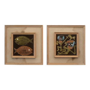 Mid Century Harris Strong Fish and Masked Tribal Dancers Ceramic Tile Art Wallhangings - A Pair