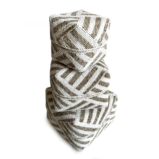 Tan Bamboo Beaded Box Tan & White X-Small For Sale - Image 8 of 8