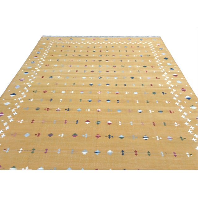Textile Handmade Cotton Vegetable Dyed Area Rug, Mustard Yellow Shooting Star Dhurrie - 9'x12' For Sale - Image 7 of 10