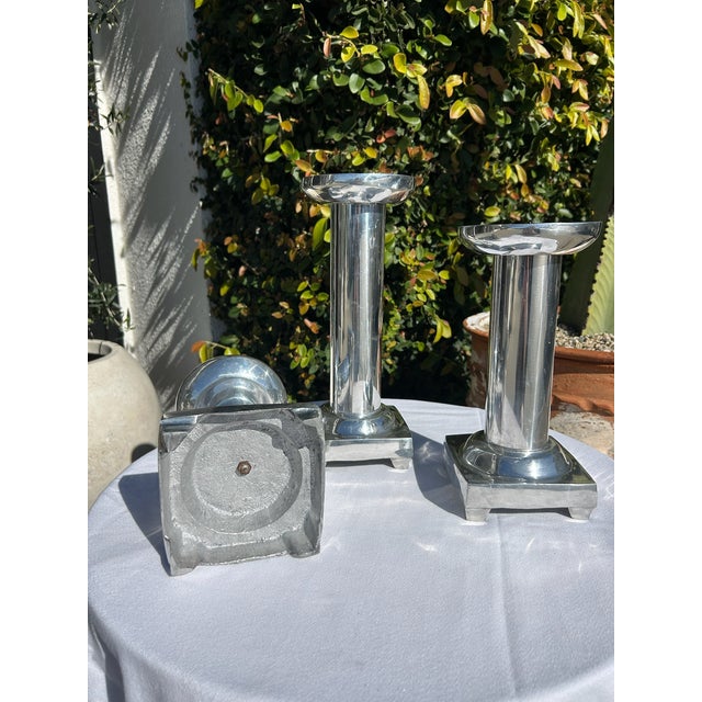 Set of Three Vintage Pewter Silver Candle Holders For Sale In Los Angeles - Image 6 of 12