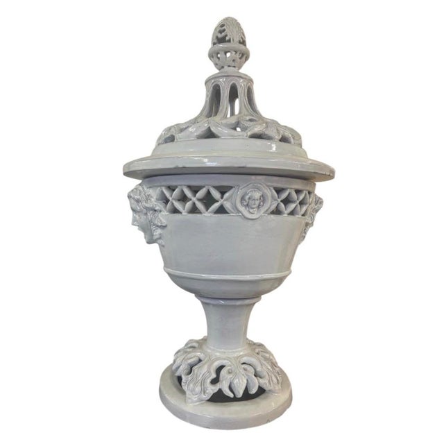 Large Mid-Century Italian White Glazed Ceramic Covered Urn With Cherub Medallions For Sale - Image 4 of 11