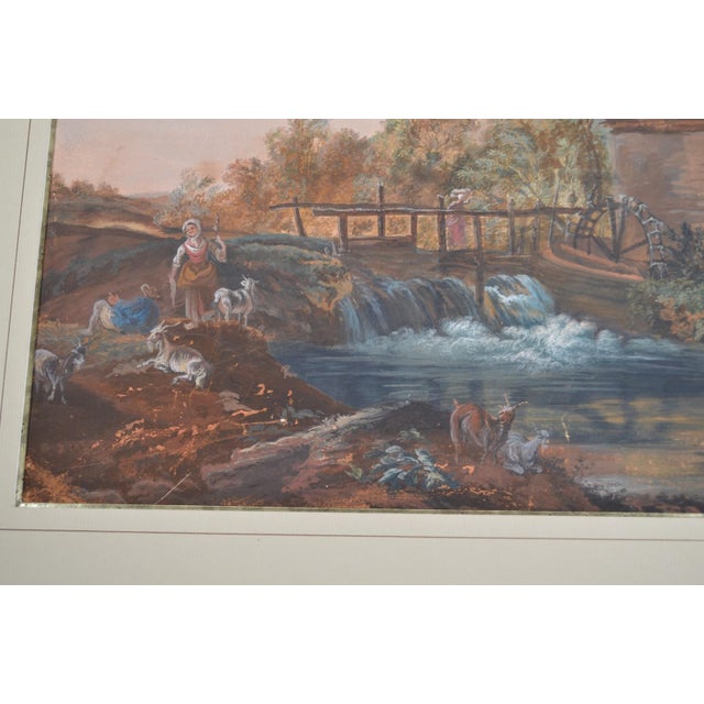 Brown French School From the Beginning of the 19th Century "Pastoral in a Landscape at the Mill" Gouache For Sale - Image 8 of 12