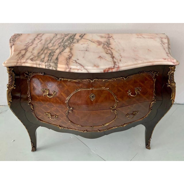 French Louis XV Style Marquetry Inlaid Marble Top Commode - Made in Spain 1 of 2 For Sale - Image 3 of 6