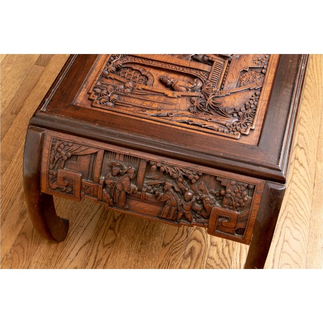 Chinese Glass-Top Hand-Carved Elmwood Cocktail Table For Sale In New York - Image 6 of 13