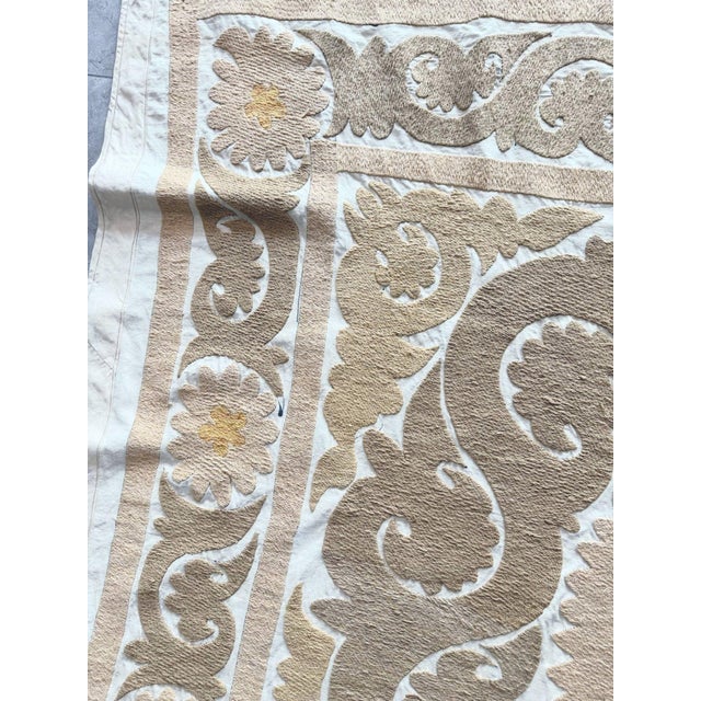 1960s Neutral Tan Uzbekistan Suzani Embroidered Wall Hanging 4' X 4'9'' For Sale - Image 5 of 9