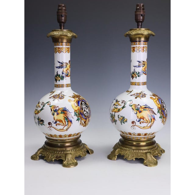 Late 19th Century Antique Neo-Renaissance Italian Majolica Porcelain Table Lamps, 1880, Set of 2 For Sale - Image 5 of 18