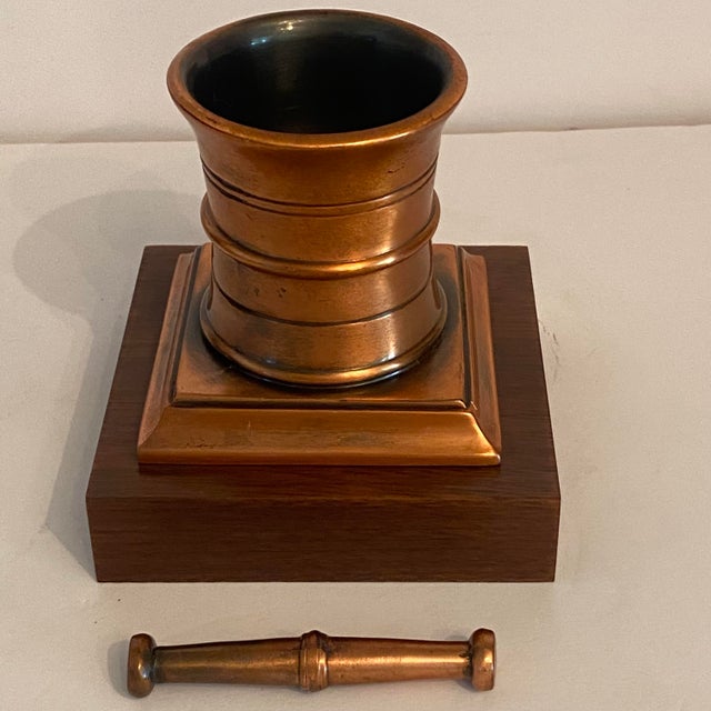 1950’s Solid Bronze Apothecary Mortar and Pestle Mounted on Solid Walnut Presentation Base. For Sale In Sacramento - Image 6 of 13
