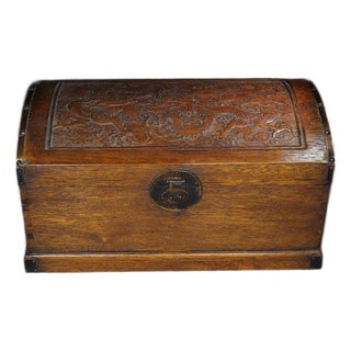 Large Hand-Carved Wooden Treasure Chest With Brass Hardware & Dragon Motif For Sale
