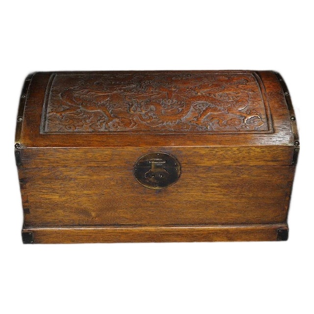 Large Hand-Carved Wooden Treasure Chest With Brass Hardware & Dragon Motif For Sale