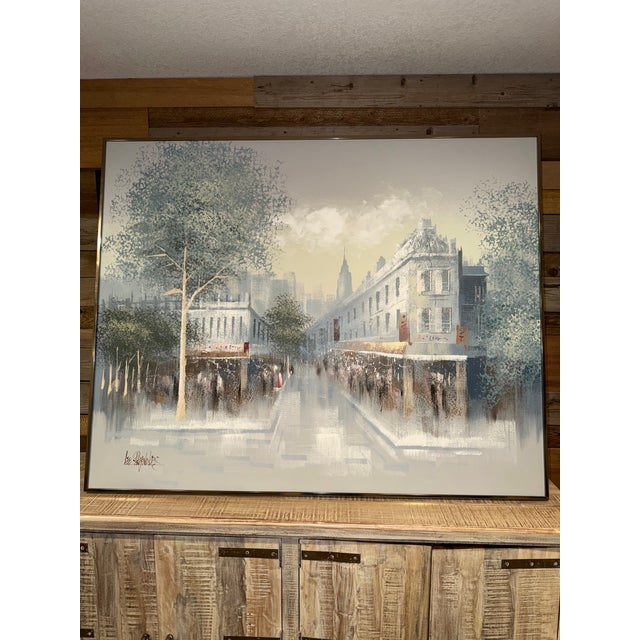 Monumental vintage oil painting attributed to Lee Reynolds / Vanguard Studios, featuring an atmospheric European city...