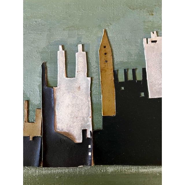 Large Mixed Media Abstract Skyline Collage Painting of New York, circa 1960 For Sale - Image 4 of 12
