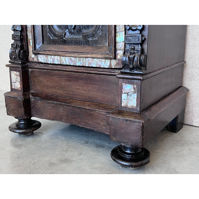 18th Pair of Spanish Walnut Nightstands With Marble Top and Inlays For Sale - Image 10 of 13