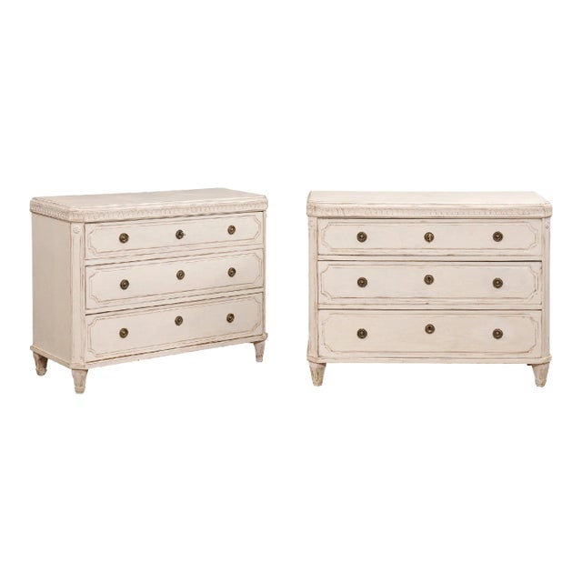Swedish Gustavian Style 1850s Painted Wood Chests with Carved Motifs - A Pair For Sale