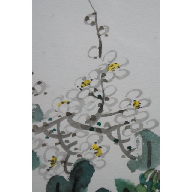 1980s Vintage Zhongxiang Liu Chinese Chinoiserie Botanical Floral Watercolor Painting For Sale - Image 5 of 11