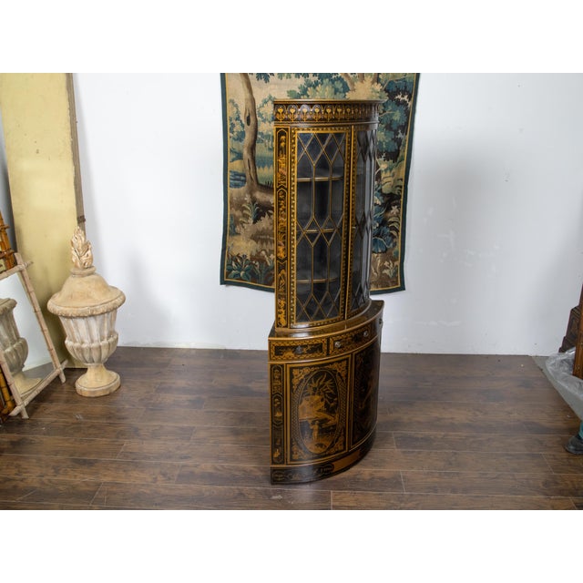 English 19th Century Black and Gold Lacquered Chinoiserie Corner Cabinet For Sale - Image 10 of 12