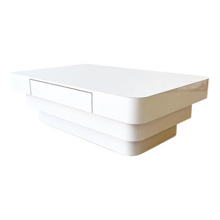 Postmodern White Lacquer Laminate Stacked Coffee Table on Wheels For Sale