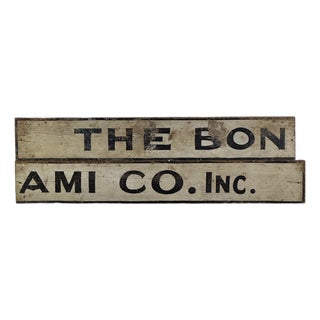 Vintage Large French "Bonami Co. Inc." Wood Trade Sign, 97" Wide For Sale