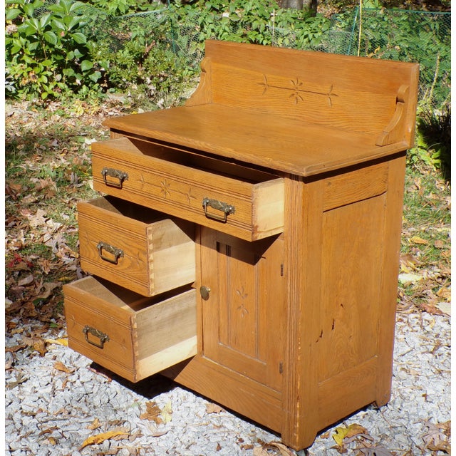 Brown Antique Oak Chest Commode Washstand Dry Sink Country Farmhouse Cabinet For Sale - Image 8 of 18