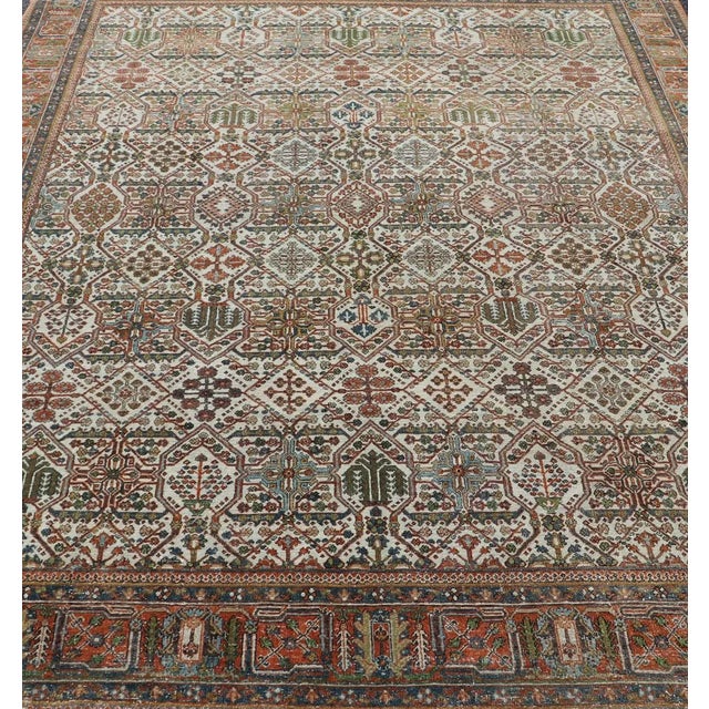 Antique Persian Joshegan Rug in Ivory Background With Blue, Green, & Copper 7'10 X 10'9 For Sale - Image 4 of 11