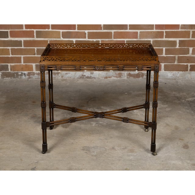 Wood English 19th Century Mahogany Faux Bamboo Side Table with Carved Tray Top For Sale - Image 7 of 12