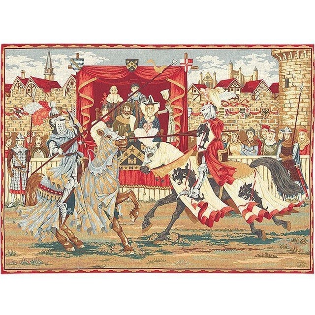 This heraldic tapestry depicts a noble jousting tournament from the end of the 15th Century. In the Middle Ages, mock...