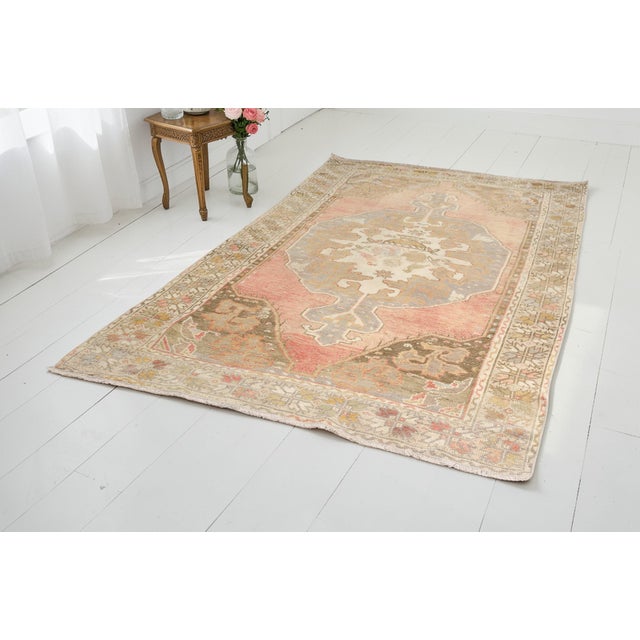 Turkish Mid 20th Century Faded Coral and Olive Medallion Carpet For Sale - Image 3 of 10