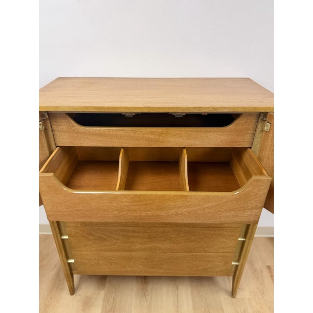 Mid Century Tallboy Dresser MCM Five Drawer Brass Accent Warm Gray Tone Wood For Sale - Image 9 of 14