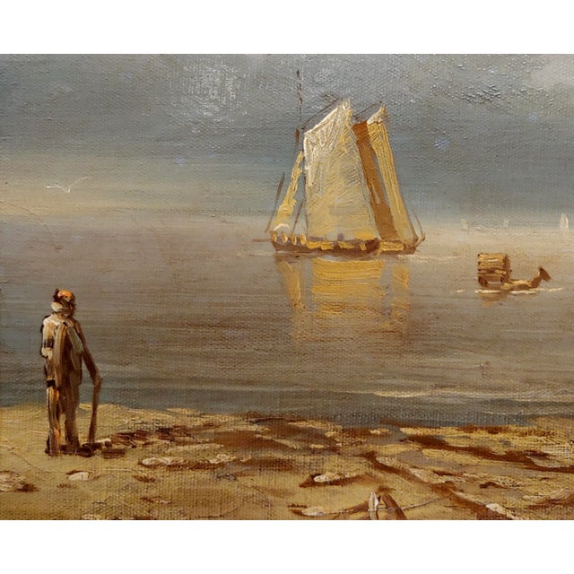 1920s J. Brown 1920s Tranquil Seashore Scene With Human Activities - Oil Painting For Sale - Image 5 of 9
