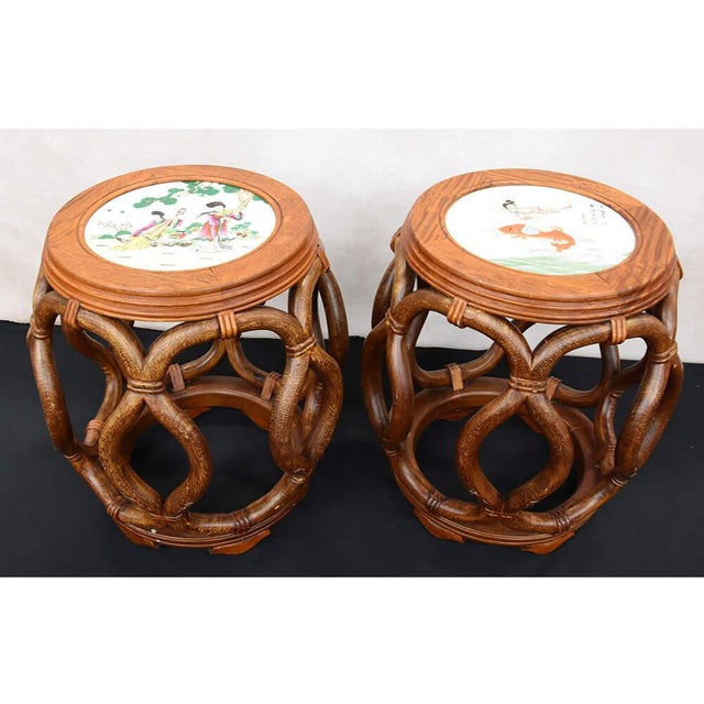 Traditional Late 20th Century Pair of Bentwood Drum Stools With Inset Porcelain Top For Sale - Image 3 of 9